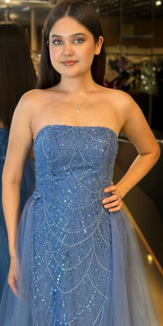 İndigo Straplez Yaka Tül Pelerin Etekli Pullu Boncuklu Uzun Abiye Elbise 7705 - 3