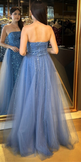 İndigo Straplez Yaka Tül Pelerin Etekli Pullu Boncuklu Uzun Abiye Elbise 7705 - 5