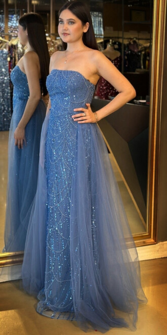 İndigo Straplez Yaka Tül Pelerin Etekli Pullu Boncuklu Uzun Abiye Elbise 7705 - 2