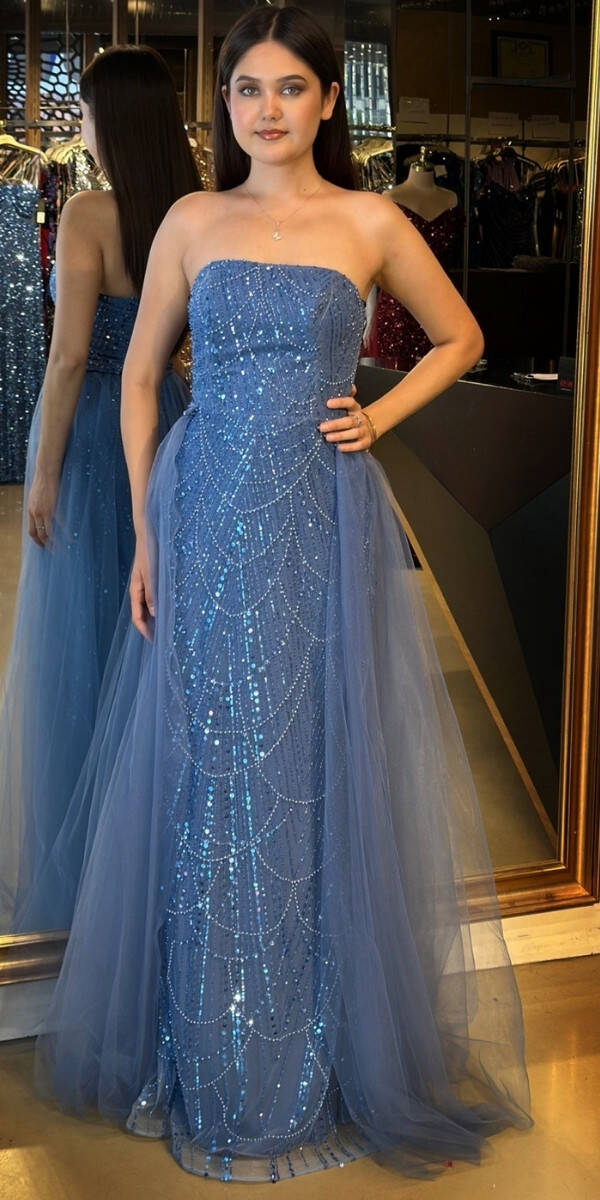 İndigo Straplez Yaka Tül Pelerin Etekli Pullu Boncuklu Uzun Abiye Elbise 7705 - 1