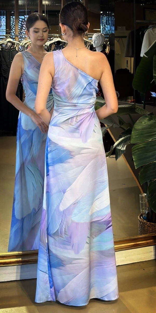 İndigo Tek Kollu Bel Dekolteli Kloş Etekli Saten Uzun Abiye Elbise 11077-02 - 5