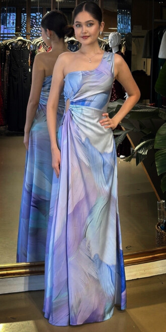 İndigo Tek Kollu Bel Dekolteli Kloş Etekli Saten Uzun Abiye Elbise 11077-02 