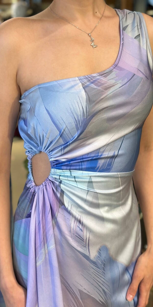 İndigo Tek Kollu Bel Dekolteli Kloş Etekli Saten Uzun Abiye Elbise 11077-02 - 4