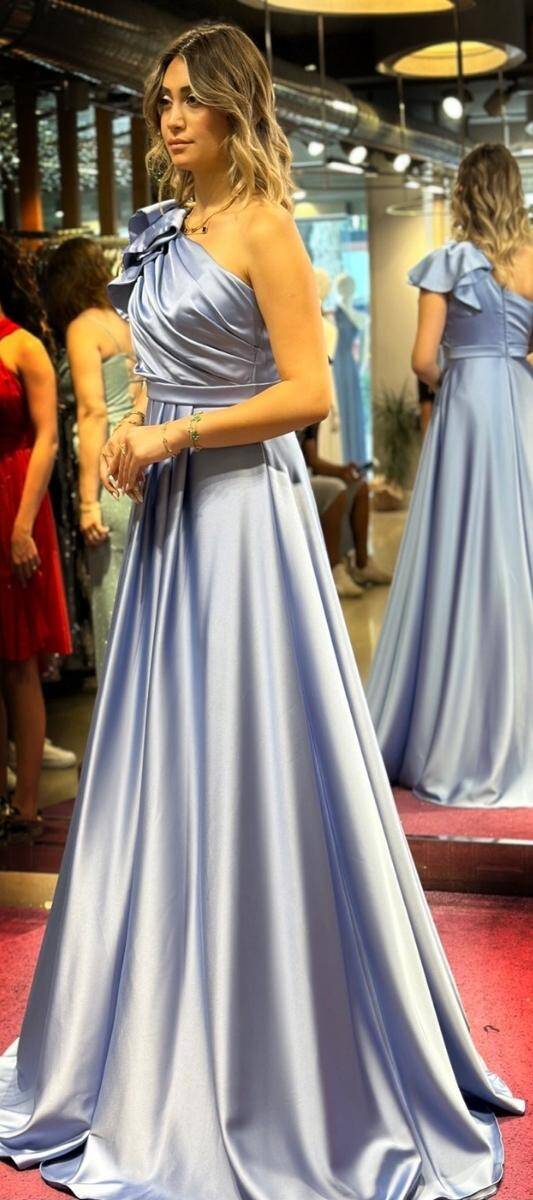 İndigo Tek Omuzlu Kloş Etekli Saten Uzun Abiye Elbise 7501 - 3