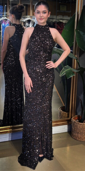 Koyu Kahverengi Halter Yaka Yırtmaçlı Düz Kesim Likralı Payet Uzun Abiye Elbise 7781 - abiyeniall