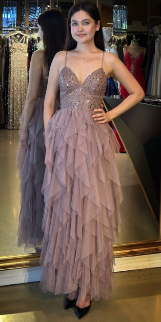 Kahverengi İp Askılı Boncuk İşlemeli Sırt Dekolteli Kloş Etekli Tül Uzun Abiye Elbise 7588 