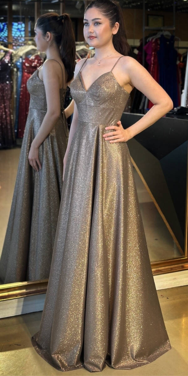 Kahverengi İp Askılı Sırt Dekolteli Anvelop Yırtmaçlı Kloş Etekli Simli Uzun Abiye Elbise 6885 - 2