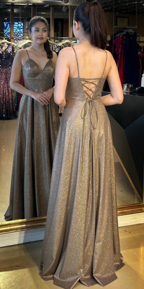 Kahverengi İp Askılı Sırt Dekolteli Anvelop Yırtmaçlı Kloş Etekli Simli Uzun Abiye Elbise 6885 - 5