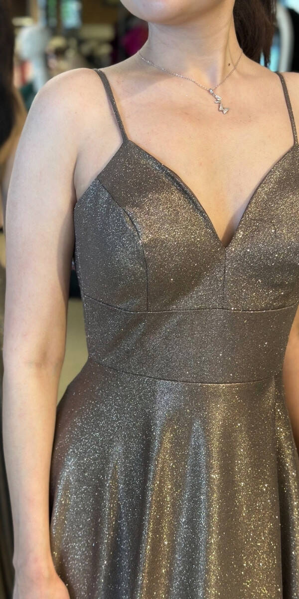 Kahverengi İp Askılı Sırt Dekolteli Anvelop Yırtmaçlı Kloş Etekli Simli Uzun Abiye Elbise 6885 - 4