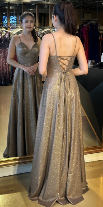 Kahverengi İp Askılı Sırt Dekolteli Anvelop Yırtmaçlı Kloş Etekli Simli Uzun Abiye Elbise 6885 - 5