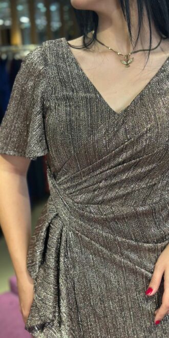 Kahverengi Kısa Kollu Yırtmaçlı Düz Kesim Simli Uzun Abiye Elbise 7653 - 4