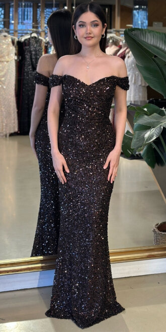 Kahverengi Madonna Yaka Düz Kesim Likralı Payet Uzun Abiye Elbise 11085-09 