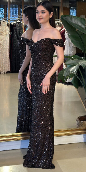 Kahverengi Madonna Yaka Düz Kesim Likralı Payet Uzun Abiye Elbise 11085-09 - 2