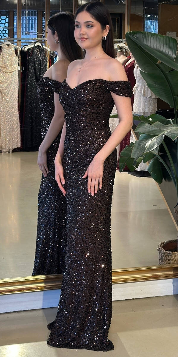 Kahverengi Madonna Yaka Düz Kesim Likralı Payet Uzun Abiye Elbise 11085-09 - 2