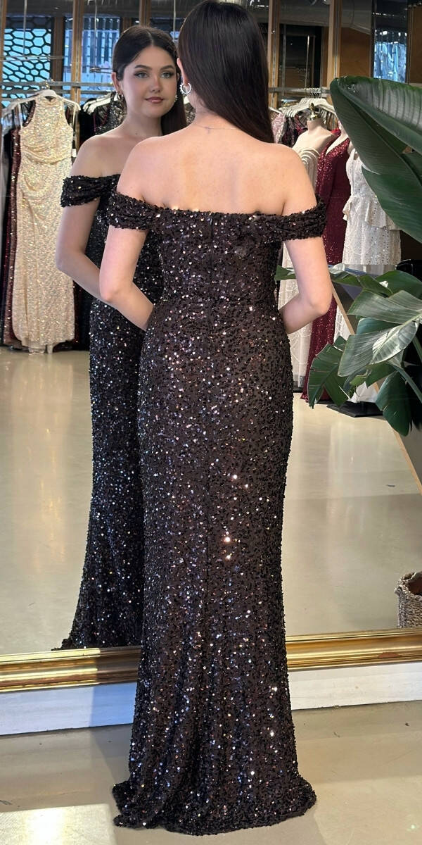 Kahverengi Madonna Yaka Düz Kesim Likralı Payet Uzun Abiye Elbise 11085-09 - 5