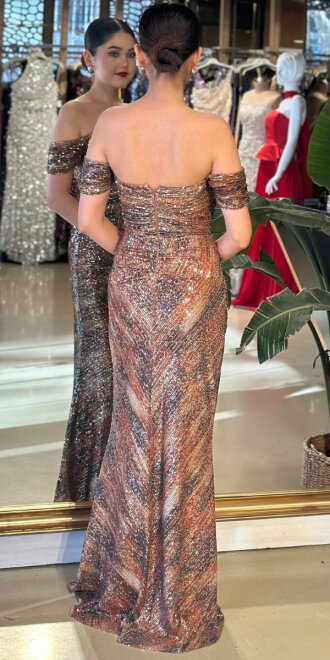 Kahverengi Payet Uzun Abiye Elbise 7687 - 2