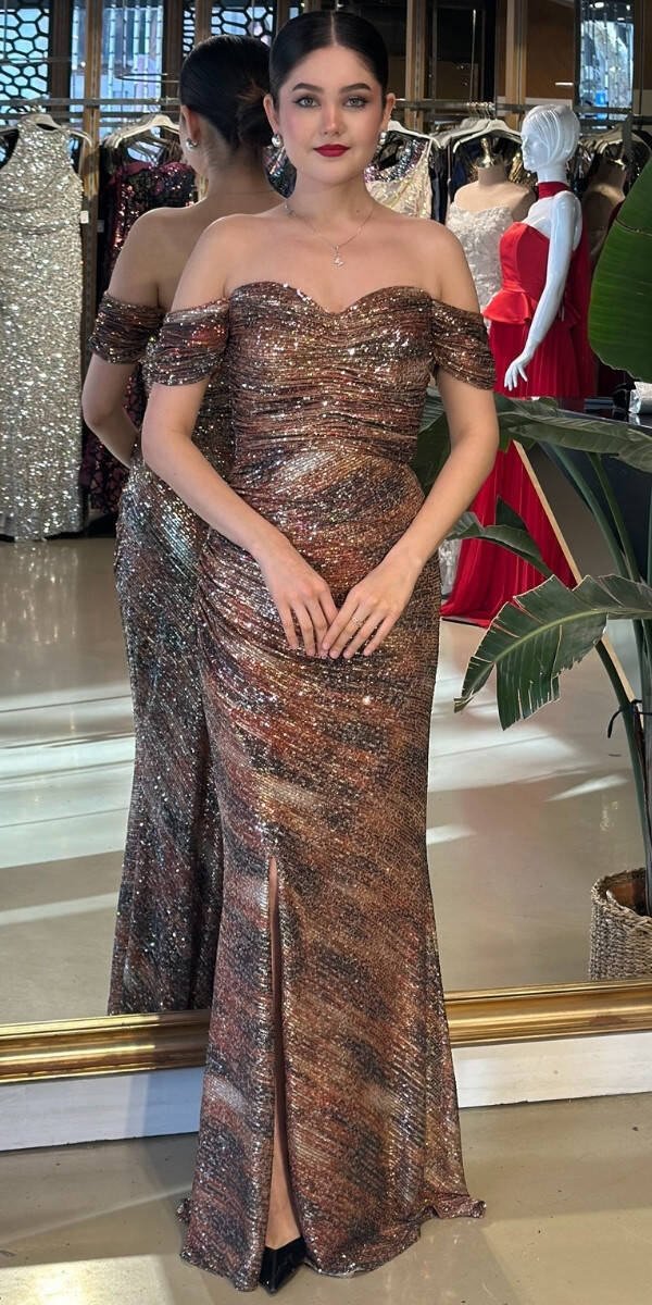 Kahverengi Payet Uzun Abiye Elbise 7687 - 1