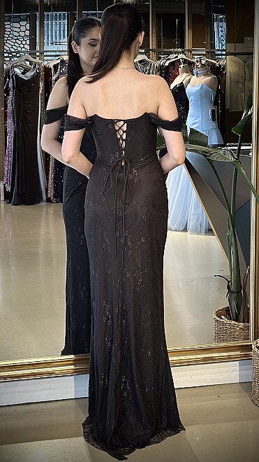 Kahverengi Sırt Dekolteli Anvelop Yırtmaçlı Likralı Dantel Uzun Abiye Elbise 11213-06 - 5