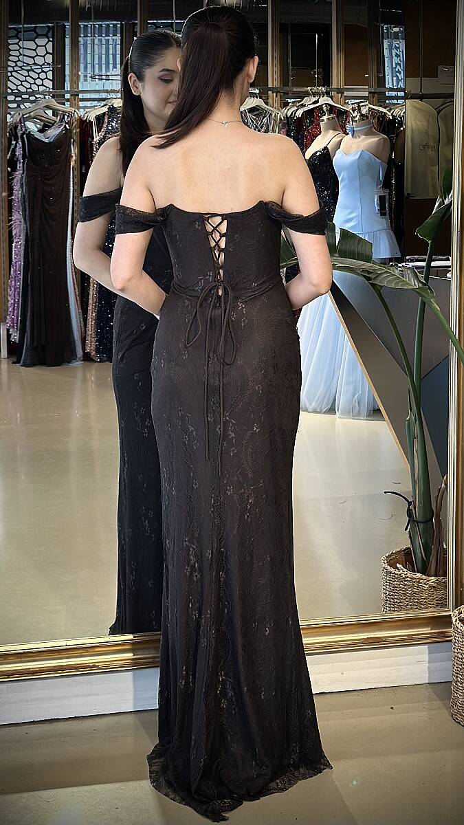 Kahverengi Sırt Dekolteli Anvelop Yırtmaçlı Likralı Dantel Uzun Abiye Elbise 11213-06 - 5