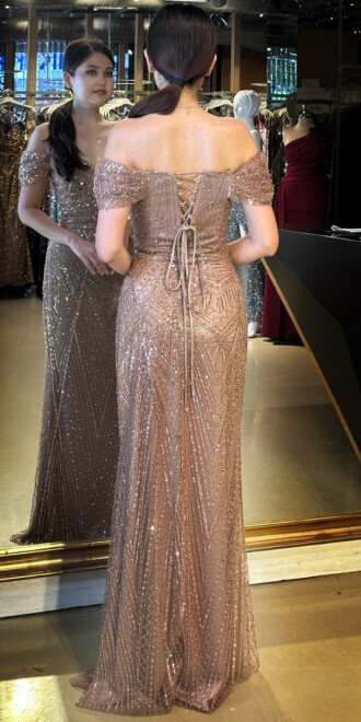 Kahverengi Sırt Dekolteli Düz Kesim Pullu Boncuklu Uzun Abiye Elbise 11044 - 5