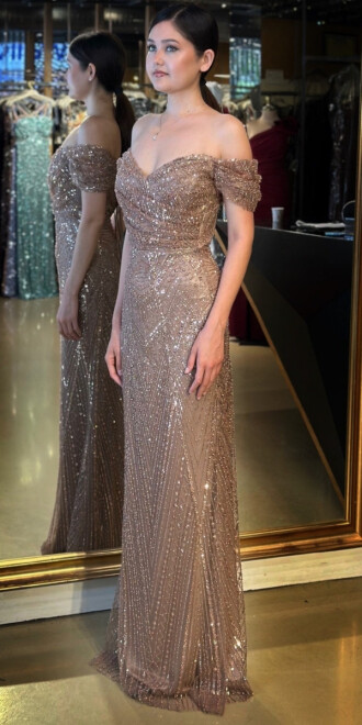 Kahverengi Sırt Dekolteli Düz Kesim Pullu Boncuklu Uzun Abiye Elbise 11044 - 2