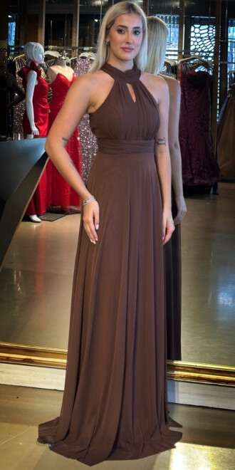 Kahverengi Sırt Dekolteli Kloş Etekli Tül Uzun Abiye Elbise 6034 