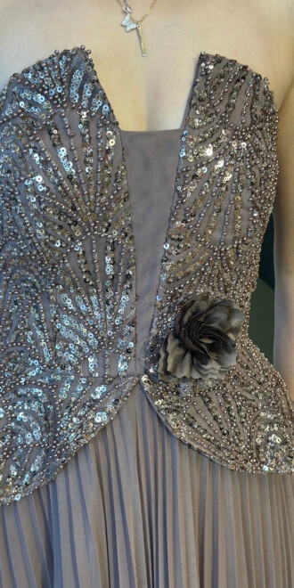 Kahverengi Straplez Yaka Çiçek Detaylı Sırt Dekolteli Kloş Etekli Tül Uzun Abiye Elbise 11054 - 4