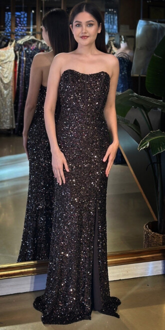 Kahverengi Straplez Yaka Sırt Dekolteli Yırtmaçlı Düz Kesim Payet Uzun Abiye Elbise 11093-05 - abiyeniall