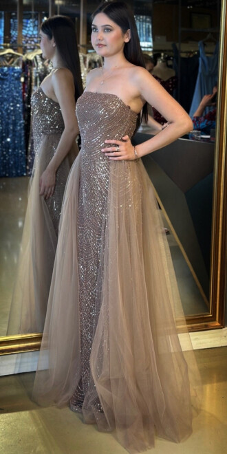 Kahverengi Straplez Yaka Tül Pelerin Etekli Pullu Boncuklu Uzun Abiye Elbise 7705 - 2