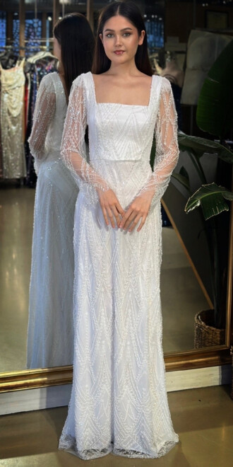 Kırık Beyaz Kare Yaka Uzun Kollu Kloş Etekli Pullu Boncuklu Uzun Abiye Elbise 11047-17 - abiyeniall