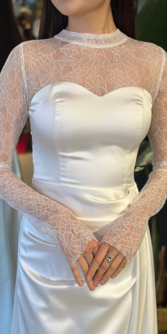 Kırık Beyaz Yuvarlak Yaka Uzun Kollu Düz Kesim Saten Uzun Abiye Elbise 11192-02 - 4