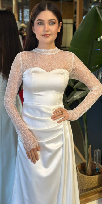 Kırık Beyaz Yuvarlak Yaka Uzun Kollu Düz Kesim Saten Uzun Abiye Elbise 11192-02 - 3