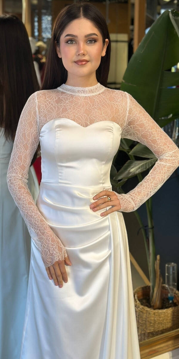 Kırık Beyaz Yuvarlak Yaka Uzun Kollu Düz Kesim Saten Uzun Abiye Elbise 11192-02 - 3