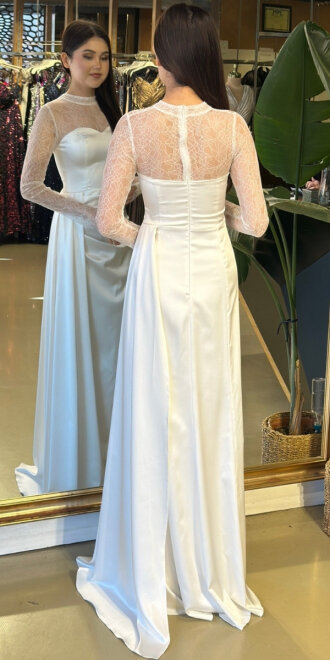 Kırık Beyaz Yuvarlak Yaka Uzun Kollu Düz Kesim Saten Uzun Abiye Elbise 11192-02 - 5