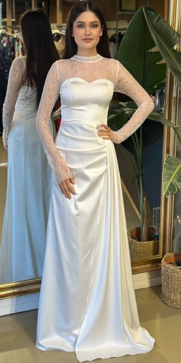 Kırık Beyaz Yuvarlak Yaka Uzun Kollu Düz Kesim Saten Uzun Abiye Elbise 11192-02 - 1