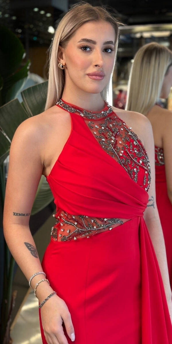 Kırmızı Boncuk İşlemeli Balık Etekli Krep Uzun Abiye Elbise 7634 - 2