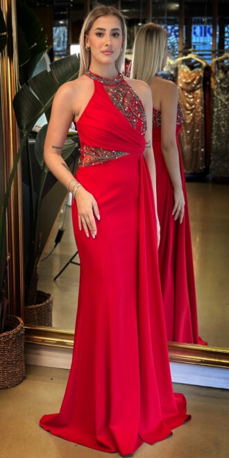 Kırmızı Boncuk İşlemeli Balık Etekli Krep Uzun Abiye Elbise 7634 - abiyeniall