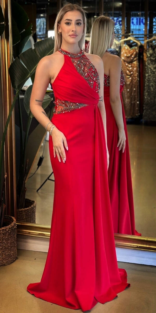 Kırmızı Boncuk İşlemeli Balık Etekli Krep Uzun Abiye Elbise 7634 - 1