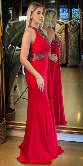 Kırmızı Boncuk İşlemeli Balık Etekli Krep Uzun Abiye Elbise 7634 - 3