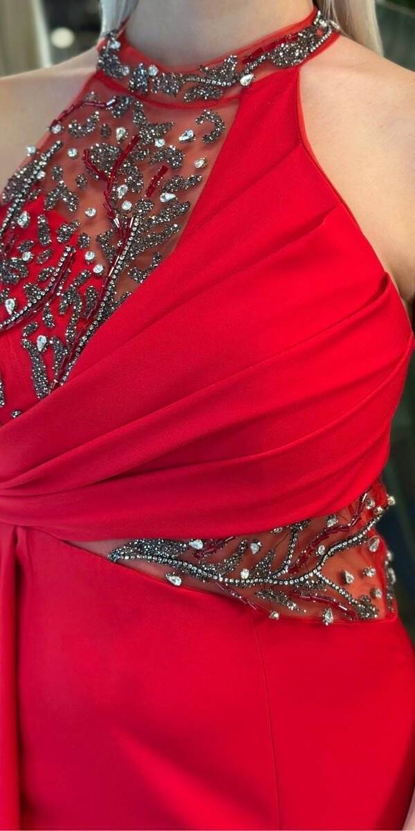 Kırmızı Boncuk İşlemeli Balık Etekli Krep Uzun Abiye Elbise 7634 - 4