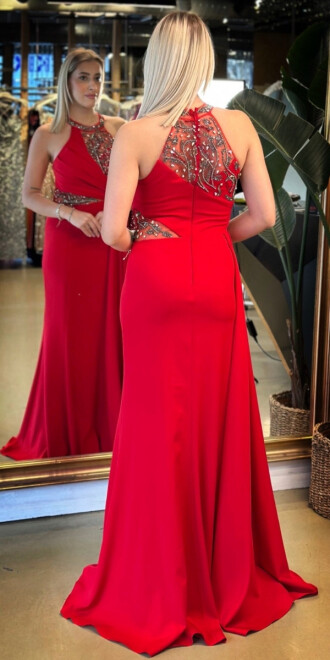 Kırmızı Boncuk İşlemeli Balık Etekli Krep Uzun Abiye Elbise 7634 - 5