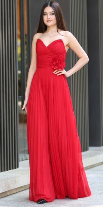 Kırmızı Straplez Yaka Çiçek Detaylı Kloş Etekli Tül Uzun Abiye Elbise 11003 - abiyeniall
