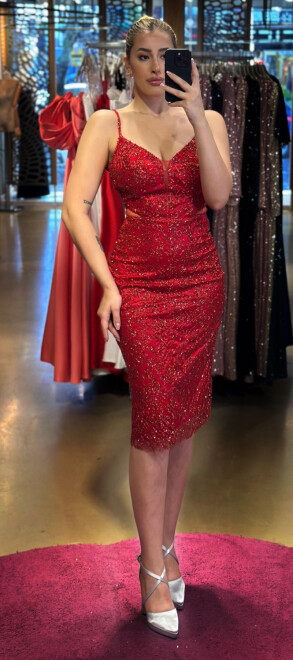 Kırmızı İp Askılı Bel Dekolteli Düz Kesim Simli Midi Abiye Elbise 7129 - abiyeniall