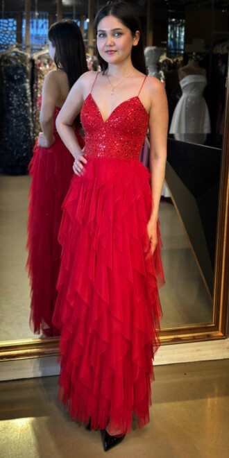 Kırmızı İp Askılı Boncuk İşlemeli Sırt Dekolteli Kloş Etekli Tül Uzun Abiye Elbise 7588 