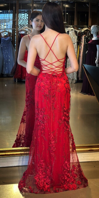 Kırmızı İp Askılı Çiçek Detaylı Sırt Dekolteli Düz Kesim Tül Uzun Abiye Elbise 11060 - 5