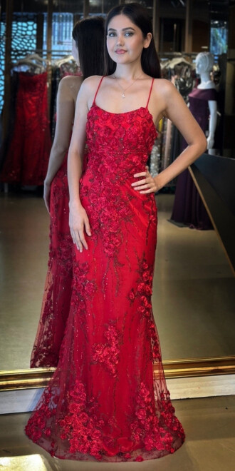 Kırmızı İp Askılı Çiçek Detaylı Sırt Dekolteli Düz Kesim Tül Uzun Abiye Elbise 11060 