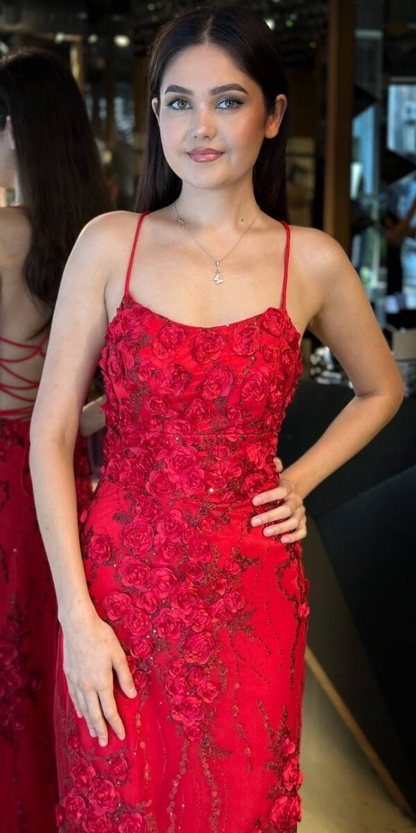 Kırmızı İp Askılı Çiçek Detaylı Sırt Dekolteli Düz Kesim Tül Uzun Abiye Elbise 11060 - 3