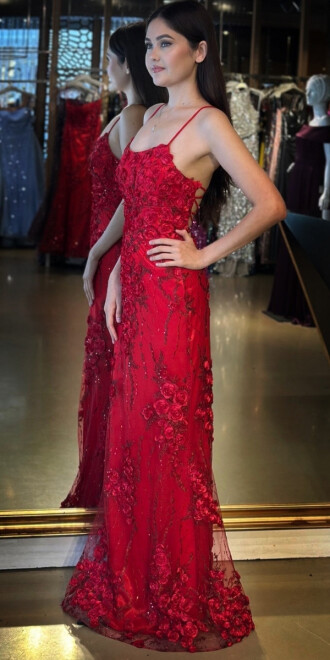 Kırmızı İp Askılı Çiçek Detaylı Sırt Dekolteli Düz Kesim Tül Uzun Abiye Elbise 11060 - 2