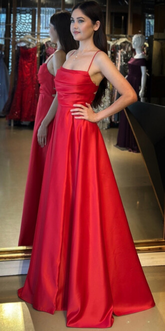 Kırmızı İp Askılı Sırt Dekolteli Kloş Etekli Saten Uzun Abiye Elbise 7764 - 2