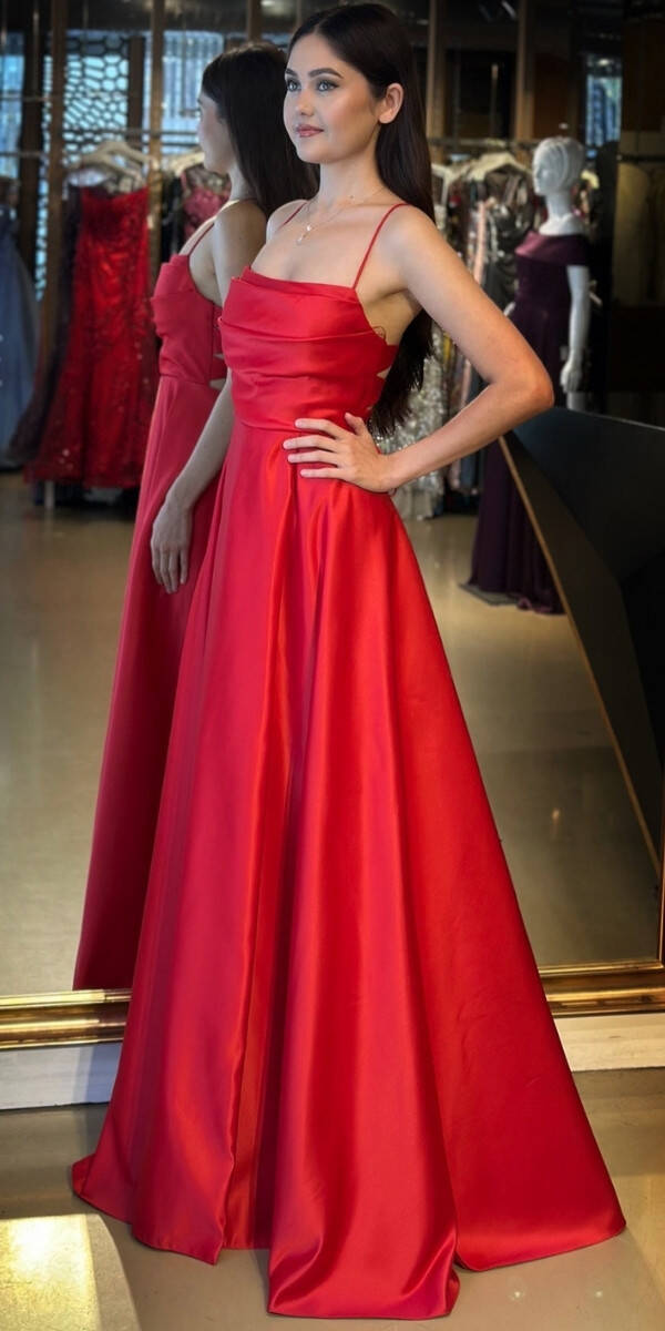 Kırmızı İp Askılı Sırt Dekolteli Kloş Etekli Saten Uzun Abiye Elbise 7764 - 2